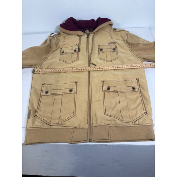 Coogi Hooded Utility Jacket Mens XL Tan Burgundy  Cargo Zip Streetwear Hip Hop - Picture 6 of 10